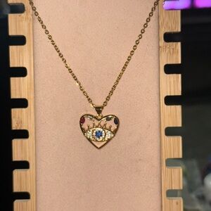 Stainless Steel Gold Heart Pendant Necklace with Blue and Red Accents